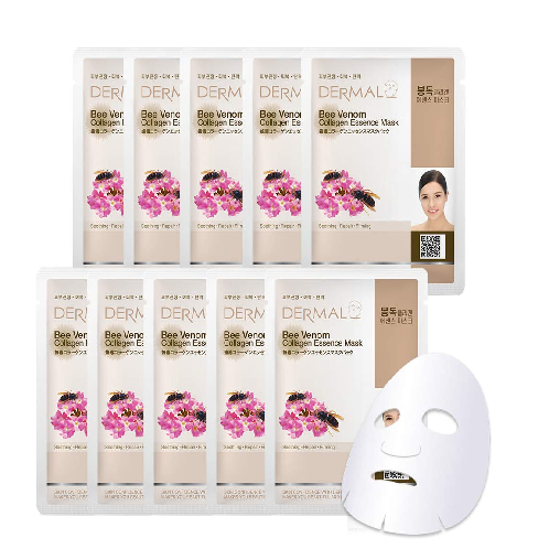 DERMAL Bee Venom Collagen Essence Facial Mask Sheet  Pack of 10 - Anti Wrinkle & Moisturizing