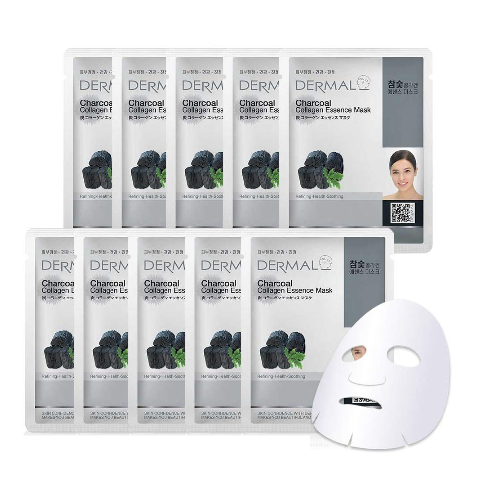 DERMAL Charcoal Collagen Essence Facial Mask Sheet  Pack of 10 - Pore Tightening & Clearing
