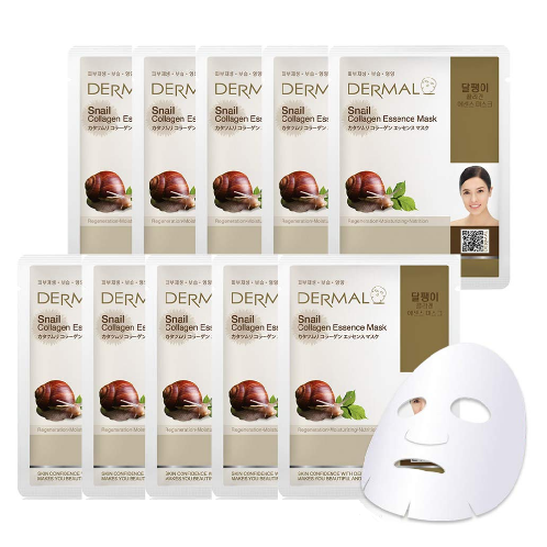 DERMAL Snail Collagen Essence Facial Mask Sheet  Pack of 10 - Skin Regenerating & Trouble Care