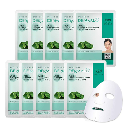 DERMAL Aloe Collagen Essence Facial Mask Sheet Pack of 10 - Skin Revitalizing & Sunburn Relief