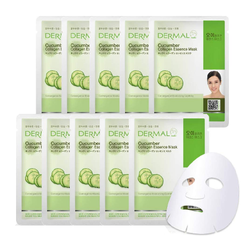 DERMAL Cucumber Collagen Essence Facial Mask Sheet  Pack of 10 - Soothing&Redness Relief