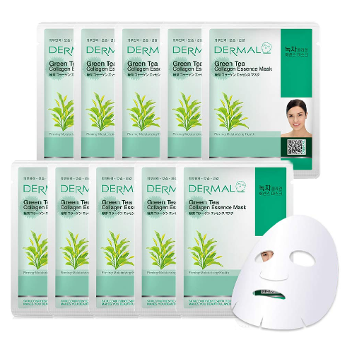 DERMAL Green Tea Collagen Essence Facial Mask Sheet  Pack of 10  for Sensitive Oily Skin