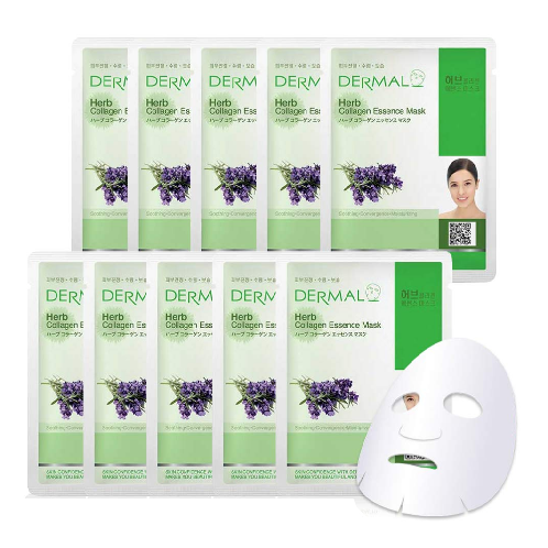 DERMAL Herb Collagen Essence Facial Mask Sheet  Pack of 10 for Skin Clear and Purifying
